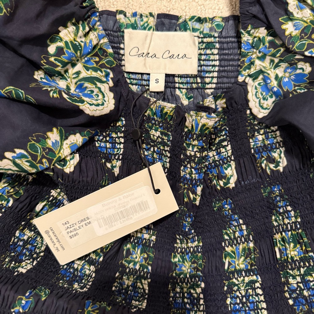 Cara Cara Jazzy Dress XS Paisley Emerald Blue Floral Puff Sleeve Midi - Picture 8 of 9